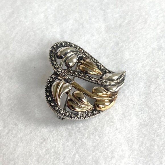 Sterling Silver 925 Mixed Metal Gold Vermeil Foliage Leaf Floral Heart Brooch - Picture 3 of 16